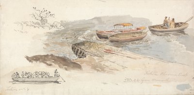 Ein überdachtes Boot und zwei Ruderboote an einem Steg; links ein Bleistiftstudie des Tintern Vieh... von James Ward